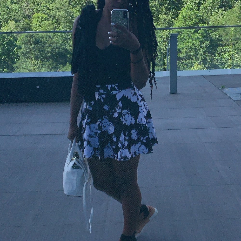 Black and White Floral Skater Skirt - Size M
